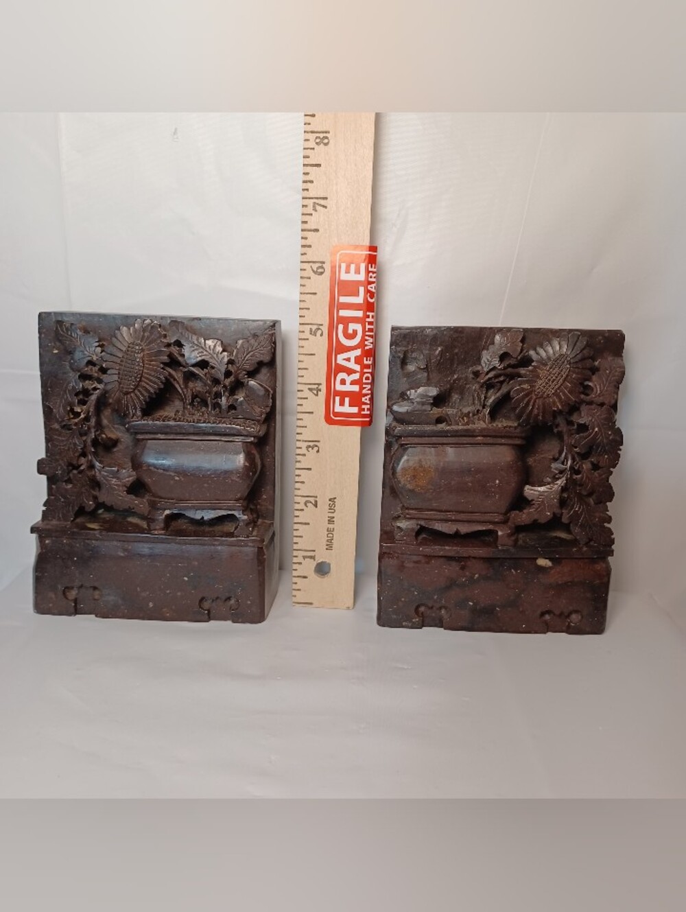 Antique Pair of Ornate Hand Carved Soap Stone Bookends in Dark Brown